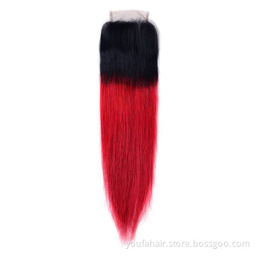 Ombre Red Human Hair HD Lace Closures Pre colored Two Tone Non-Remy Hair 1B/Red Brazilian Straight 4x4 Closures with Baby Hair